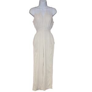 EUC Montaeu Linen Blend Beige Jumpsuit Romper Neck Ties Sinched Waist Sz S